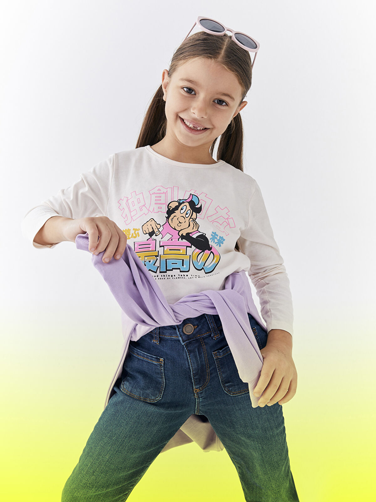 Crew Neck Nostalgic Monkey Printed Long Sleeve Girls T-Shirt Crew Neck Nostalgic Monkey Printed Long Sleeve Girls T-Shirt