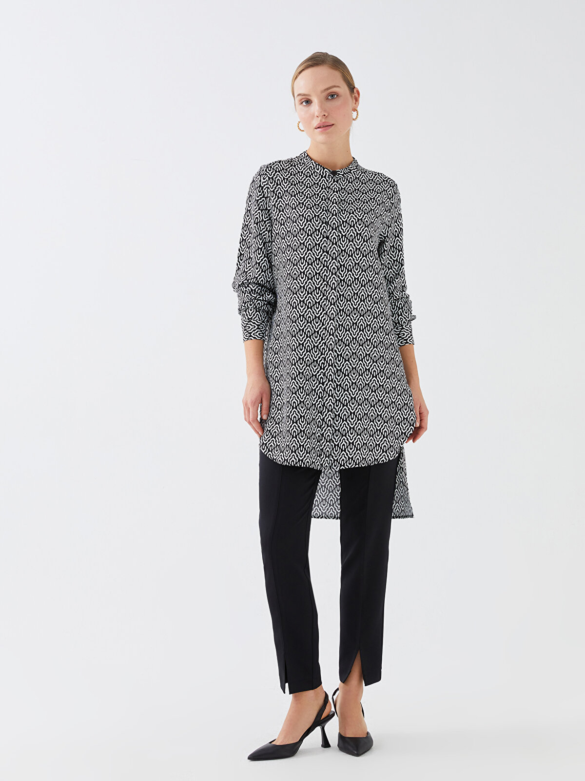 Women's Tunic With Print Collar Patterned Long Sleeve -S38444Z8 