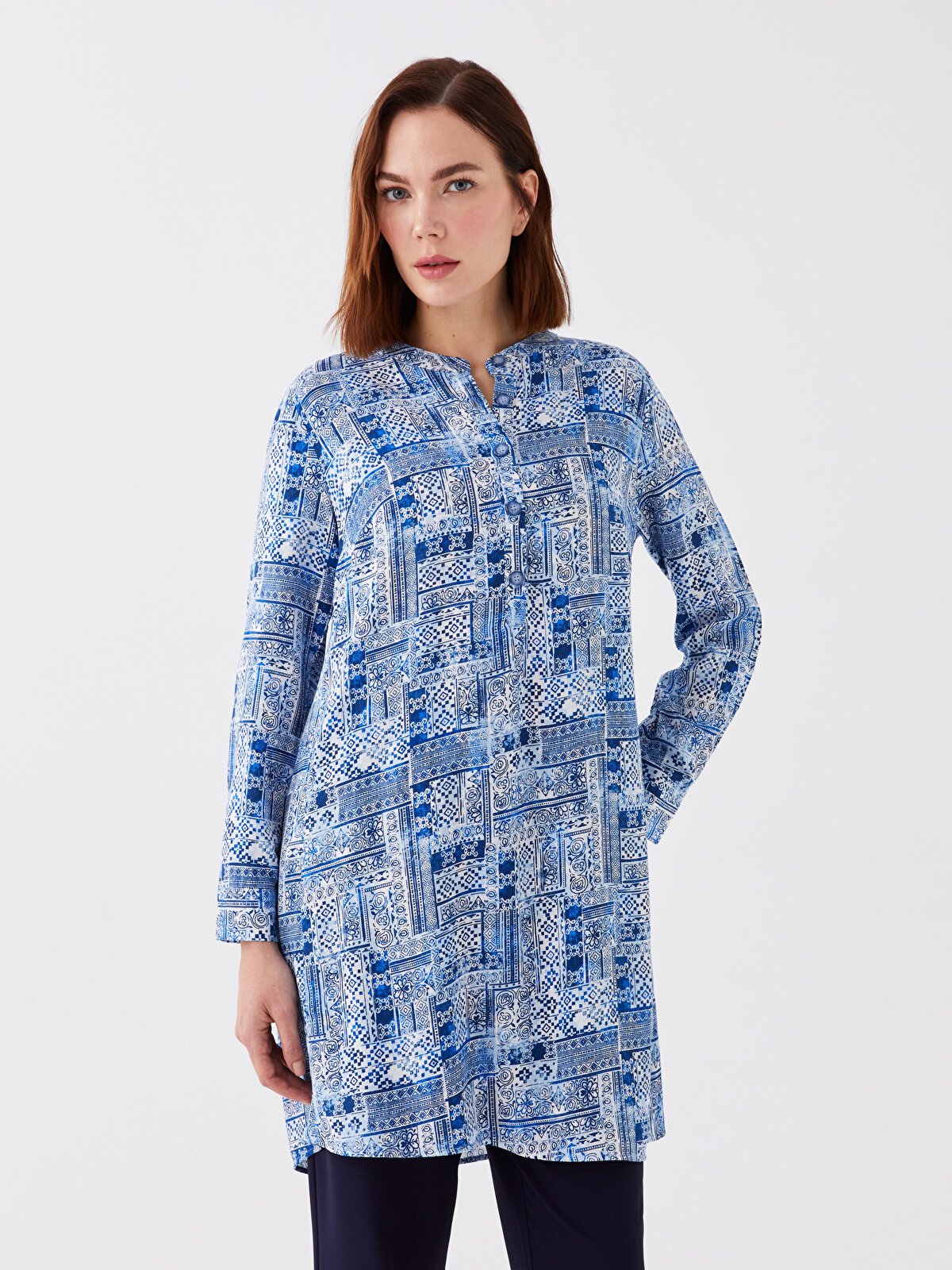 Women's Tunic With Print Collar Patterned Long Sleeve -S3AL82Z8 