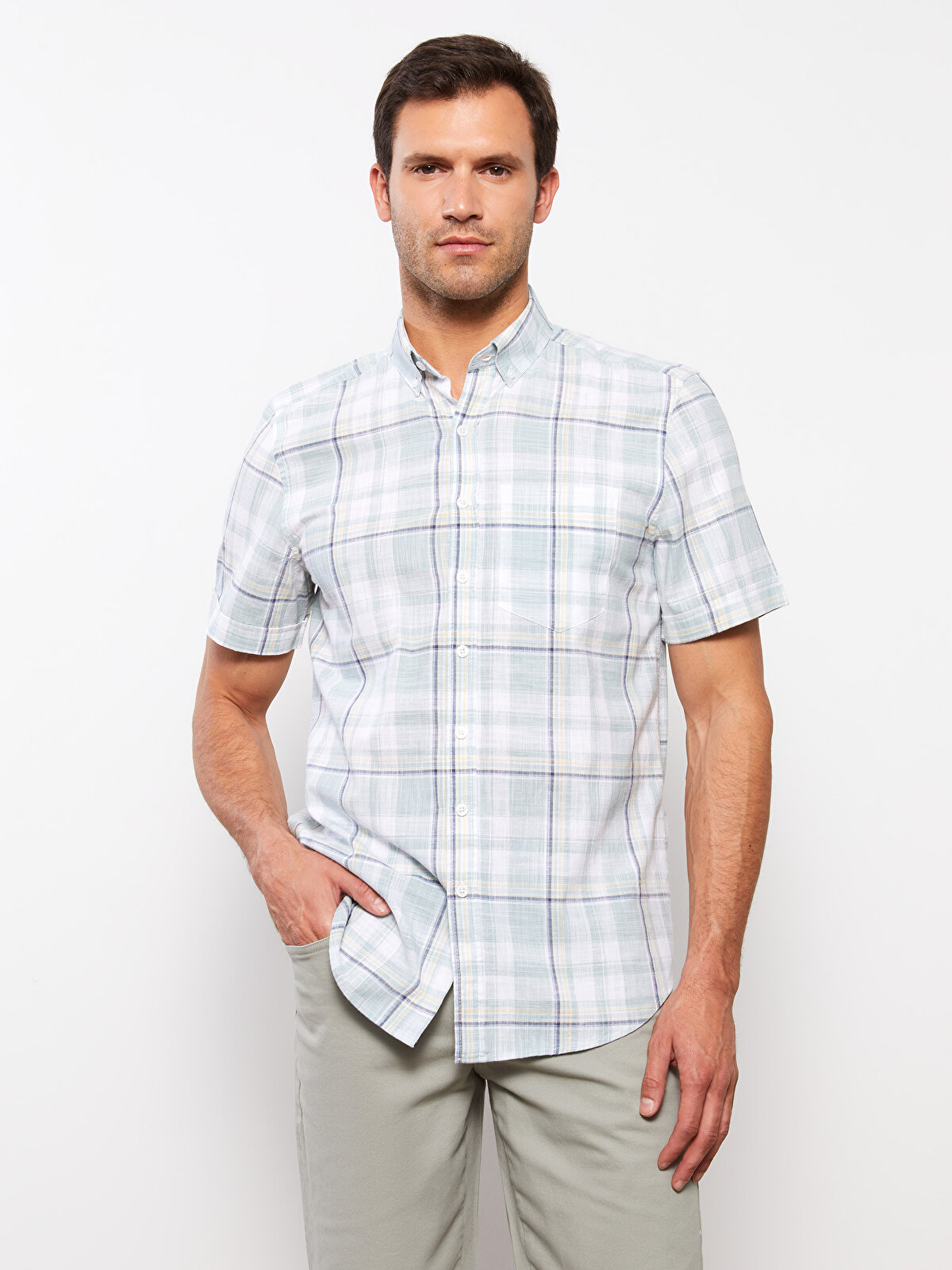 Regular Fit Short Sleeve Plaid Poplin Men's Shirt -S3AQ22Z8-LM4 