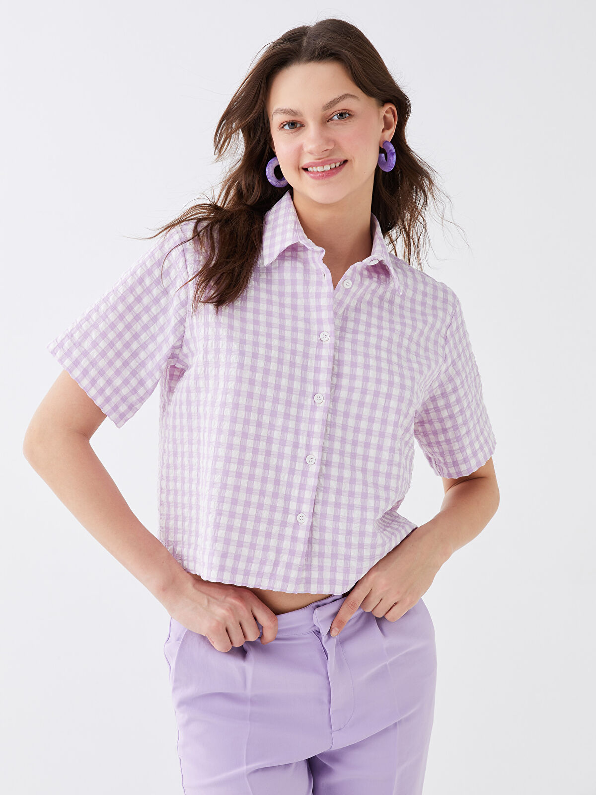 レディースウェア ENTI Short Sleeves Shirt (GRN) XSIDE Plaid Short Sleeve Women's Shirt -S3FS09Z8-G0W
