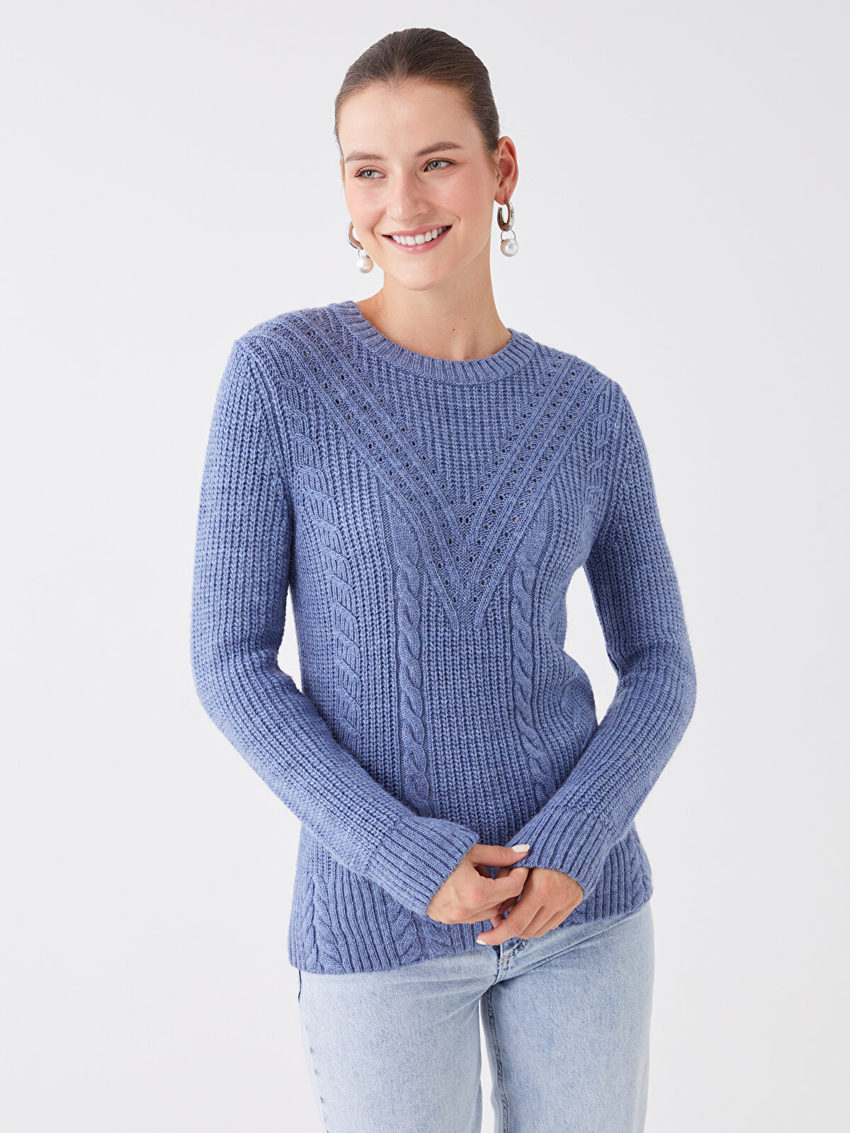 Crew Neck Ajour Long Sleeve Women's Tricot Sweater -W30158Z8-GNQ 