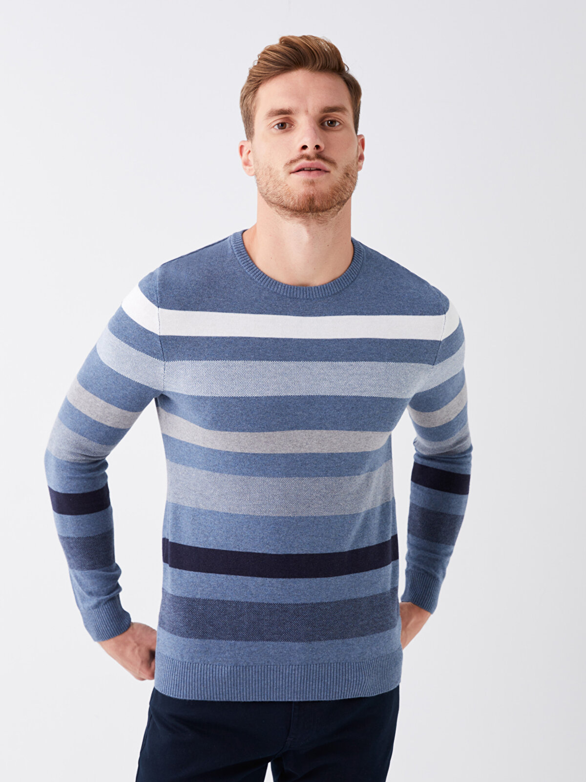 Crew Neck Long Sleeve Striped Men's Tricot Sweater -W30599Z8