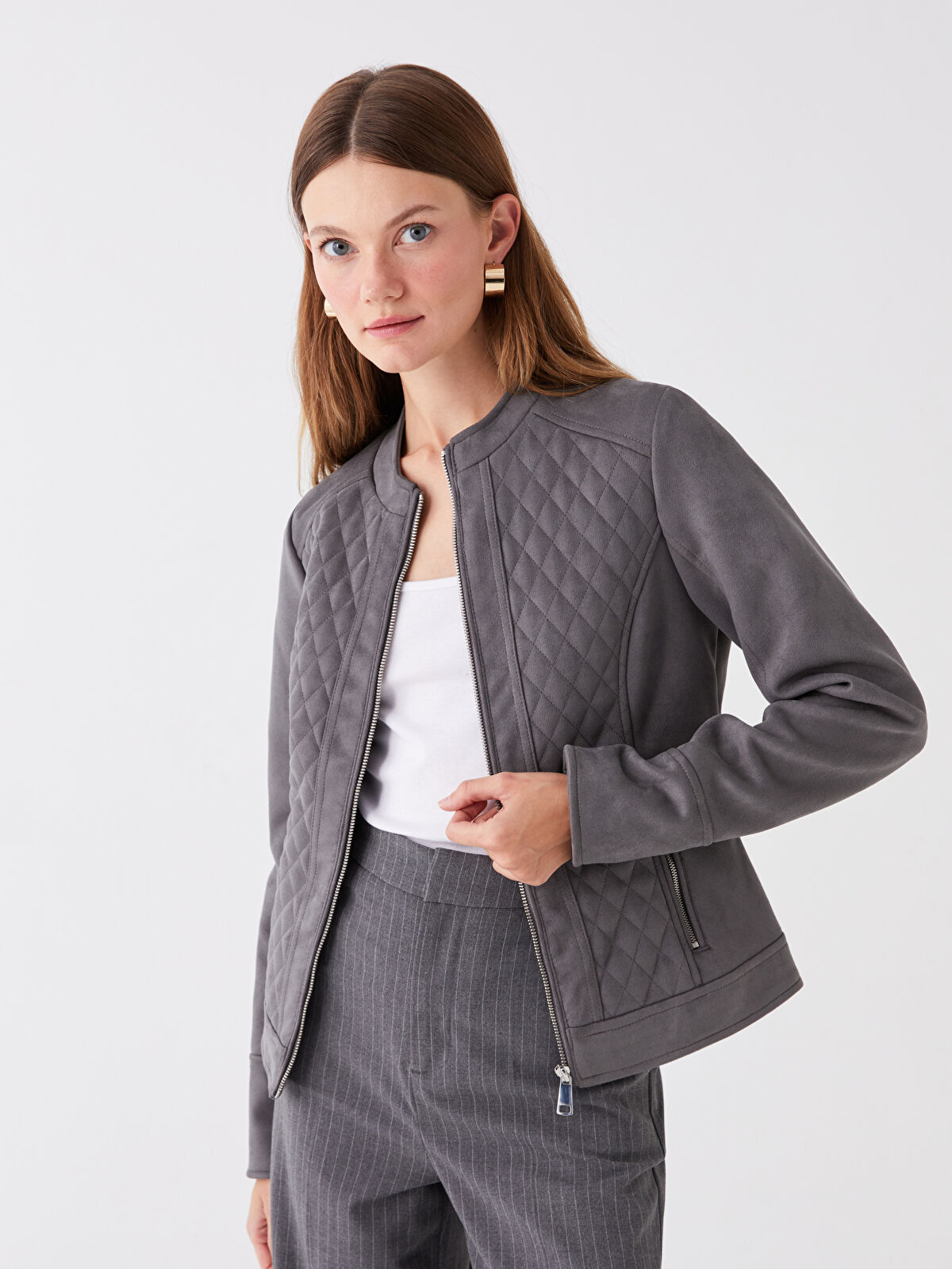 Crew Neck Self-Patterned Suede Look Women's Coat -W31202Z8-V3Z -  W31202Z8-V3Z - LC Waikiki