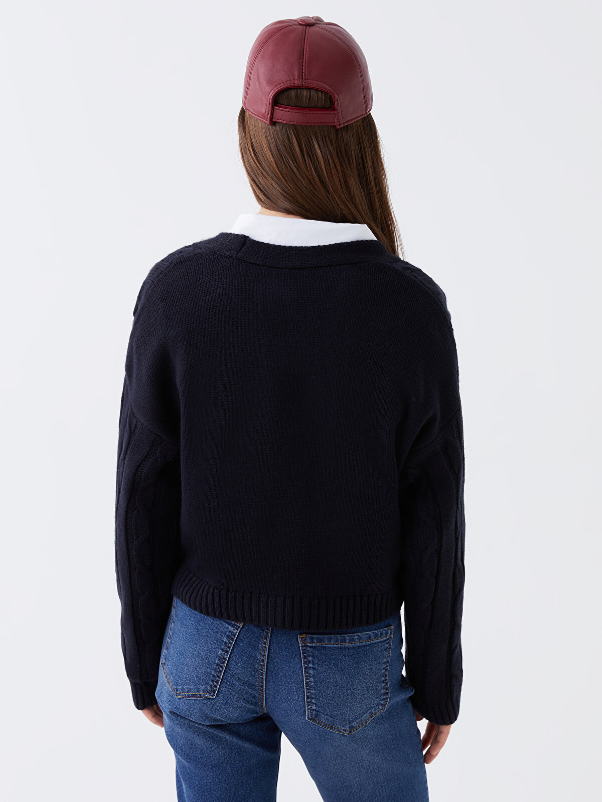 V Neck Self Patterned Long Sleeve Crop Women's Knitwear Cardigan 