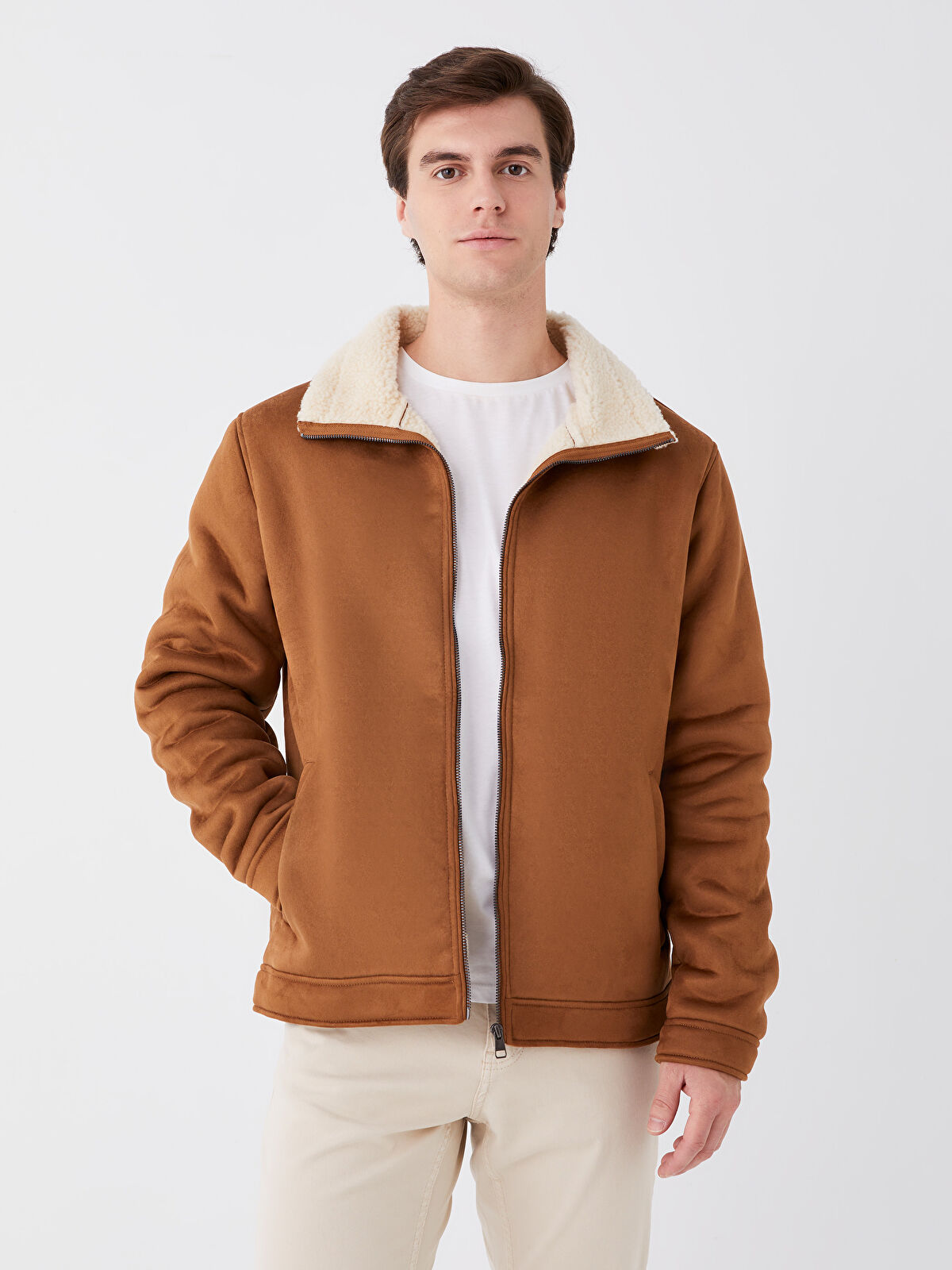 Standard Pattern Standing Collar Men's Suede Coat -W36610Z8