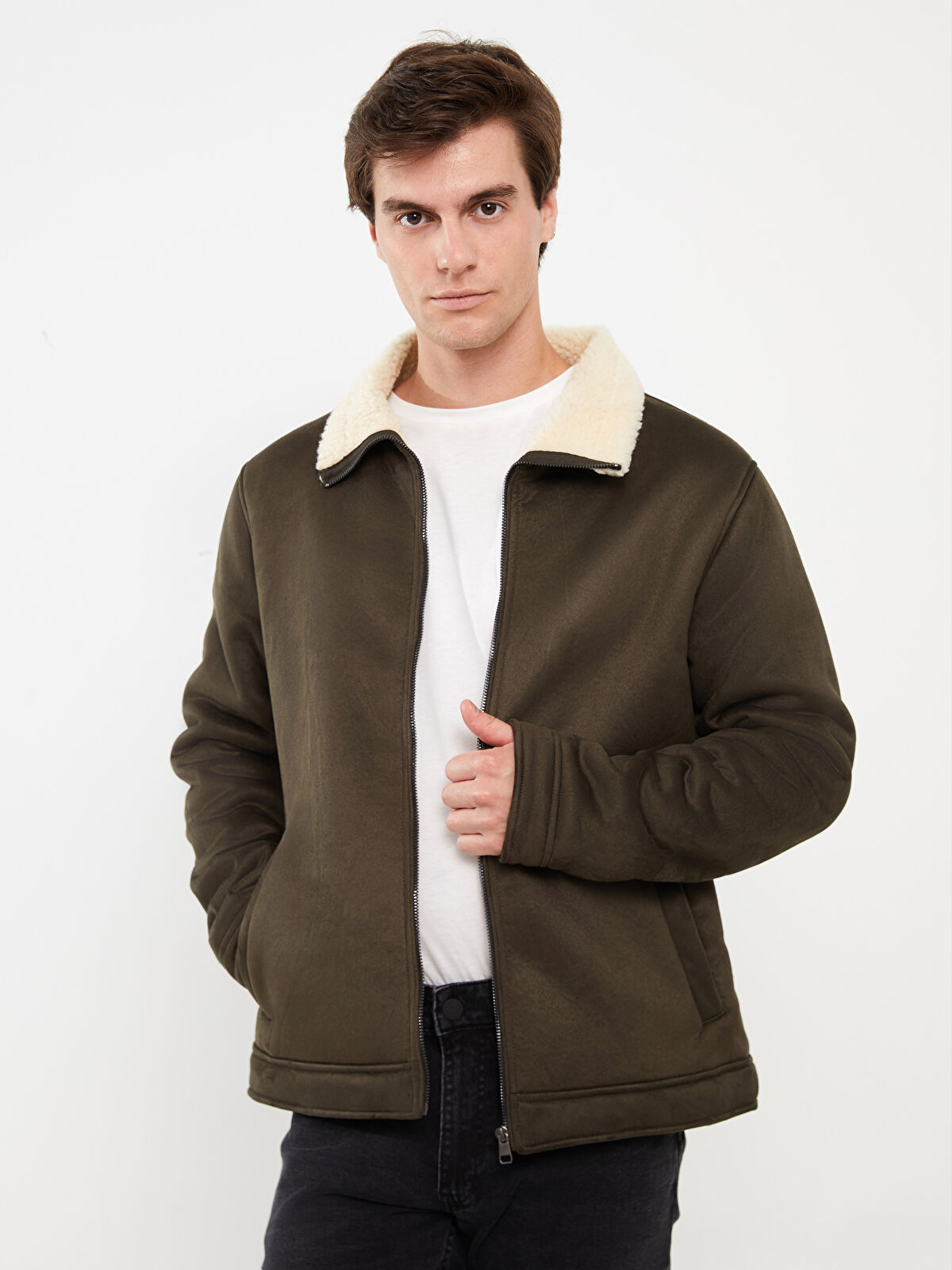 Standard Pattern Standing Collar Men's Suede Coat -W36610Z8
