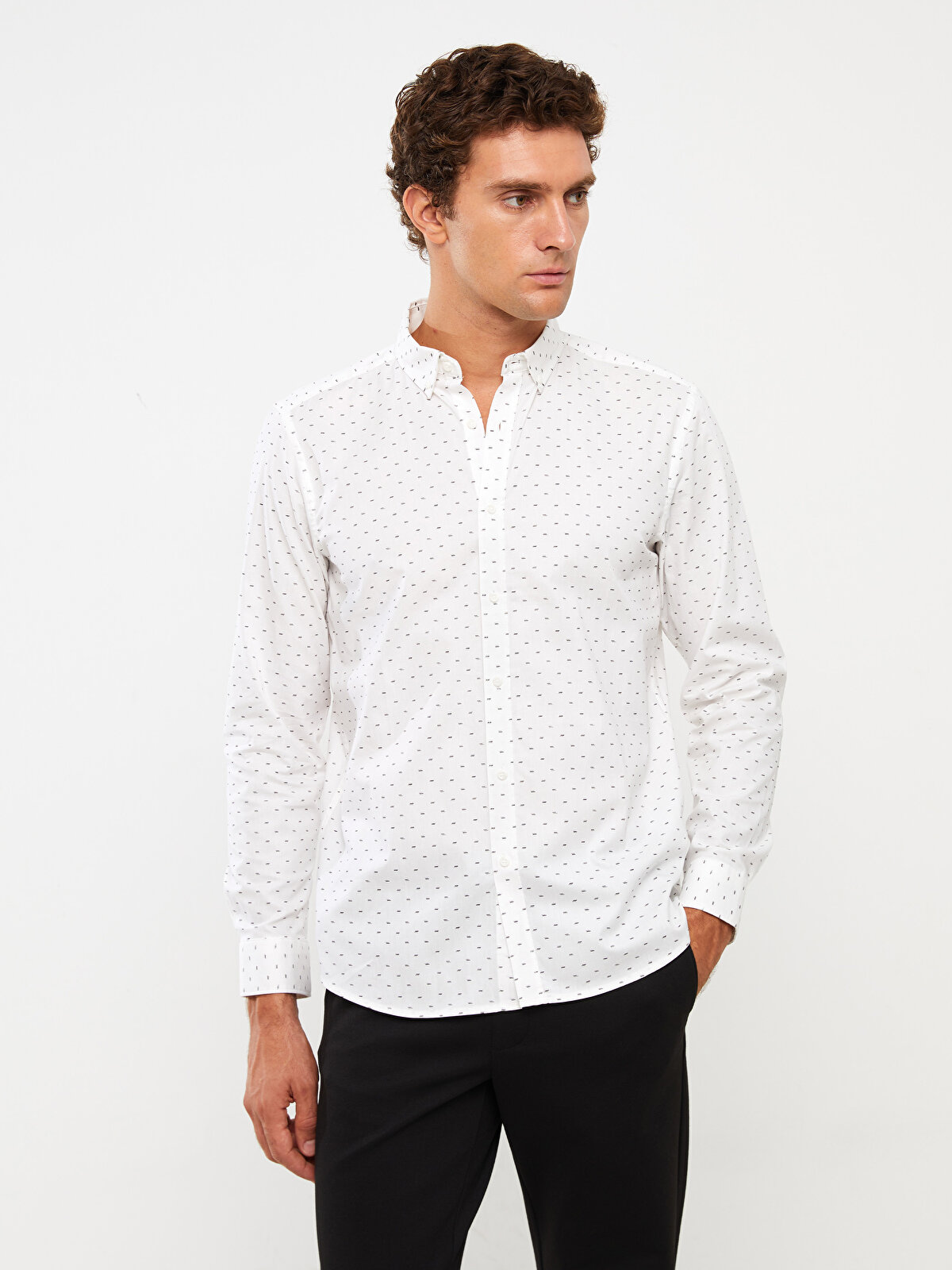 Slim Fit Long Sleeve Patterned Oxford Men's Shirt -W39215Z8-Q6K 