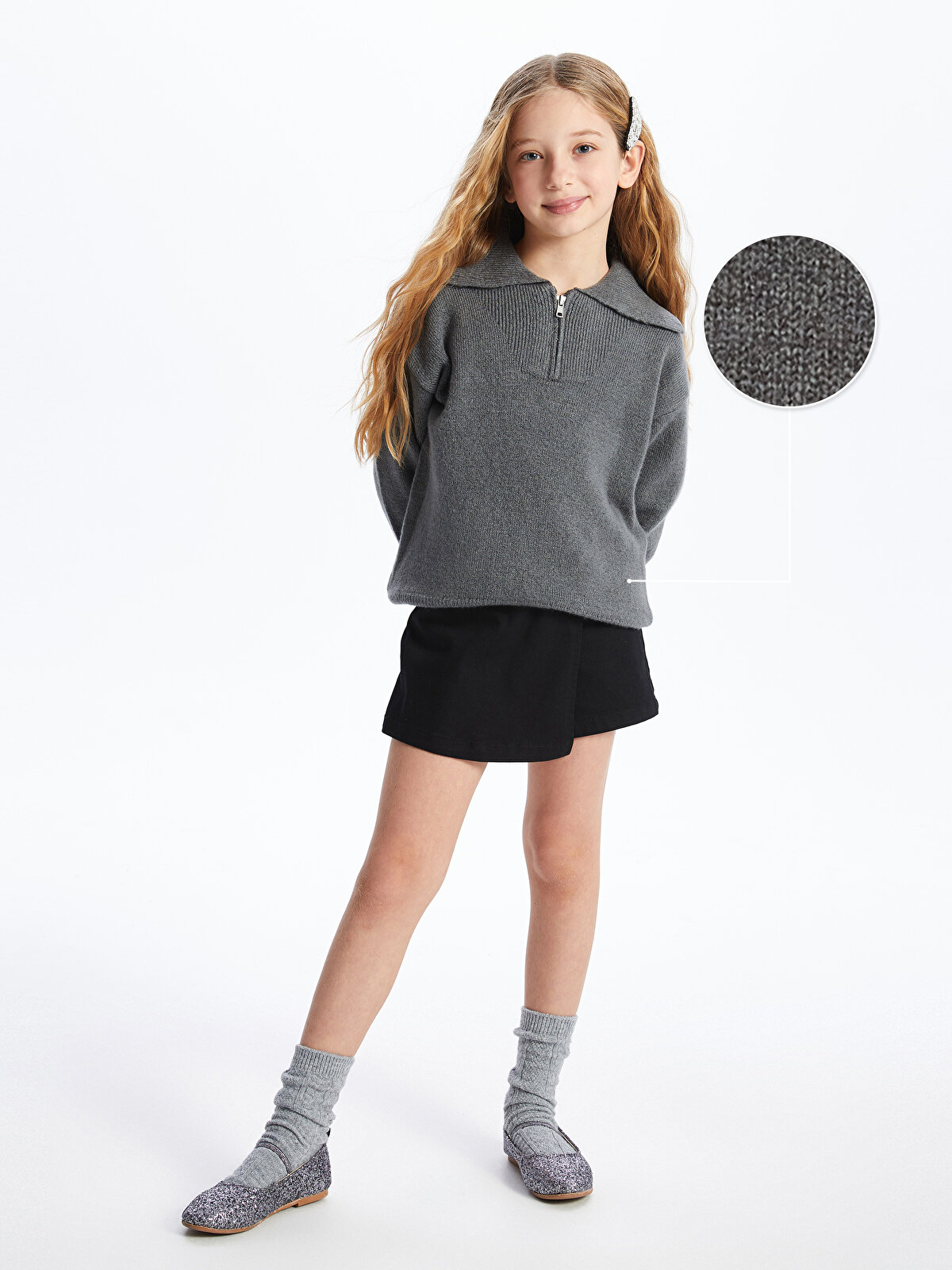 Polo Collar Basic Long Sleeve Girl's Knitted Sweater -W3AU15Z4-H0M 