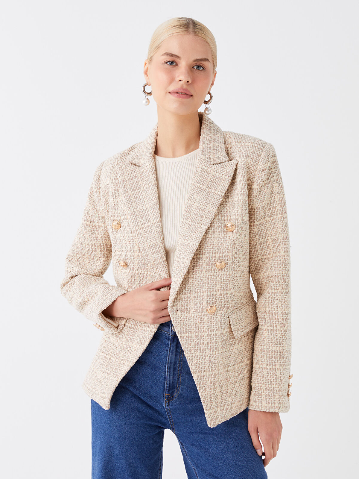 Beige tweed blazer womens online