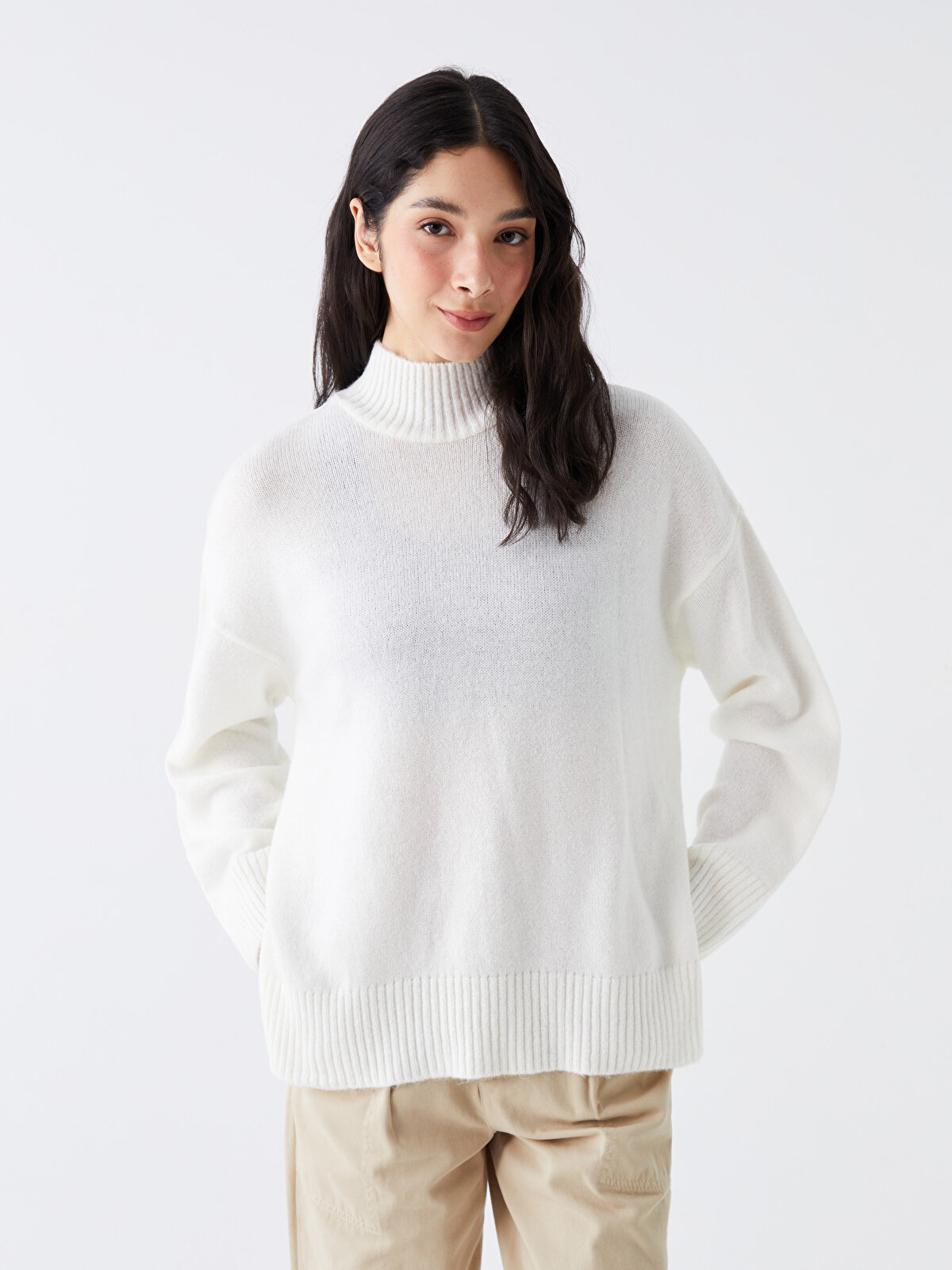 Women's White Half Turtleneck Sweater - BEREN