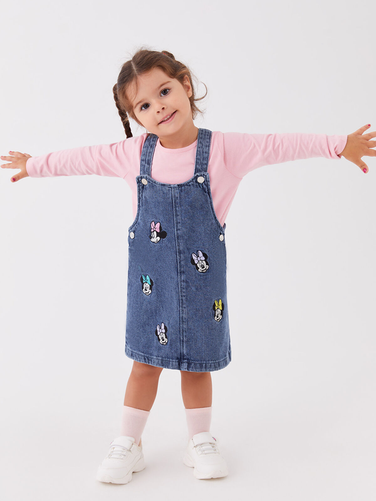 Square Collar Minnie Mouse Embroidered Baby Girl Jean Dress