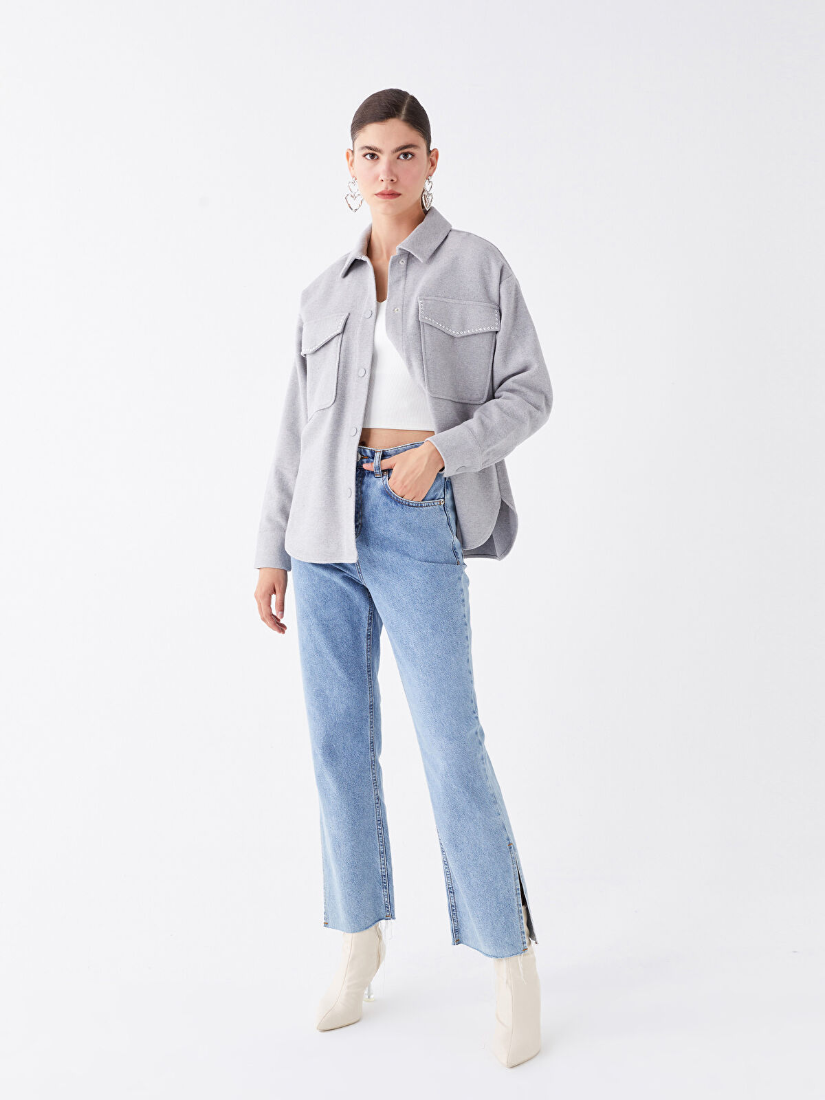Shiny Stone Printed Long Sleeve Oversize Women's Shirt Jacket -W3I180Z8-GSE  - W3I180Z8-GSE - LC Waikiki