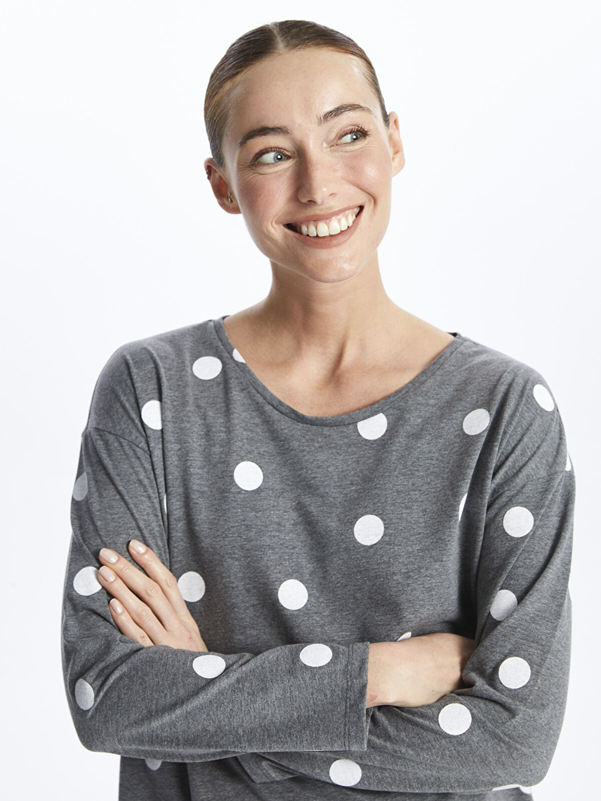 高速配送 Dot Polka Neck Crew Long -W3IV79Z8 Top Pajama Women's Sleeve トップス