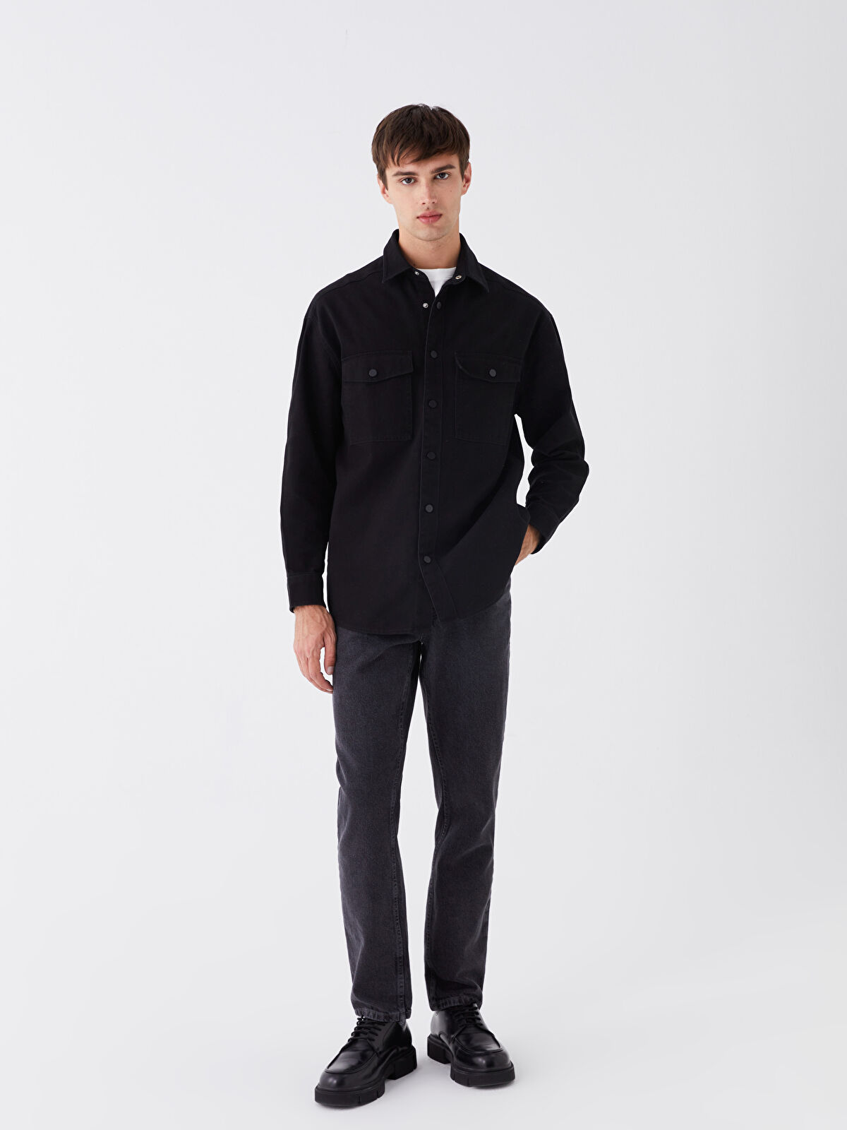 Relaxed Fit Long Sleeve Gabardine Men's Shirt -S41124Z8-RQL