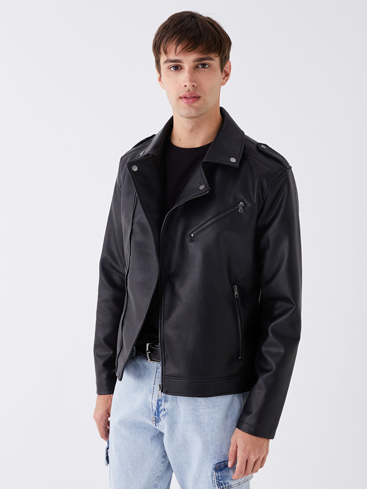 Slim Fit Biker Collar Men's Faux Leather Jacket -S41140Z8-CVL -  S41140Z8-CVL - LC Waikiki