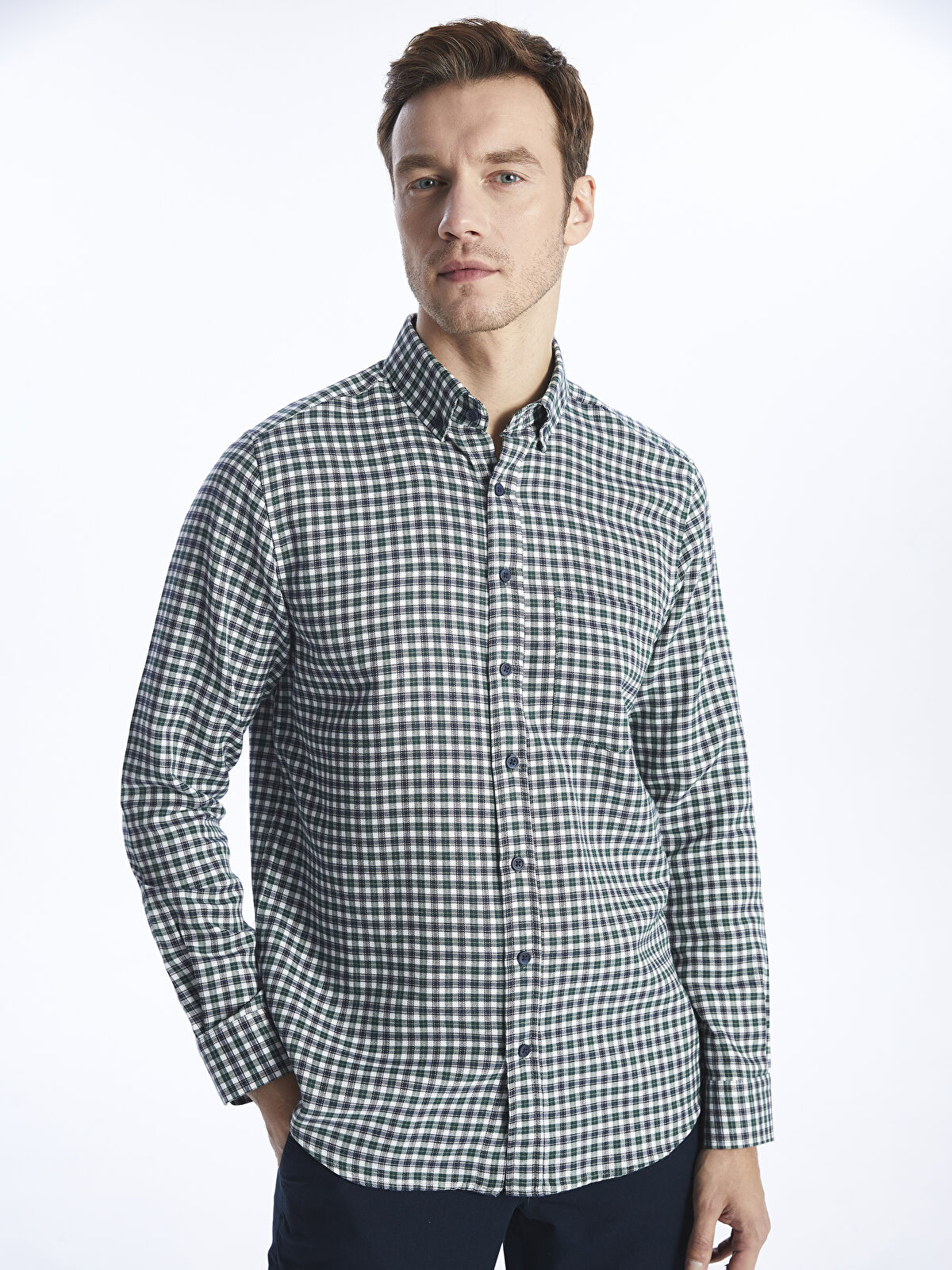 Regular Fit Long Sleeve Plaid Gabardine Men