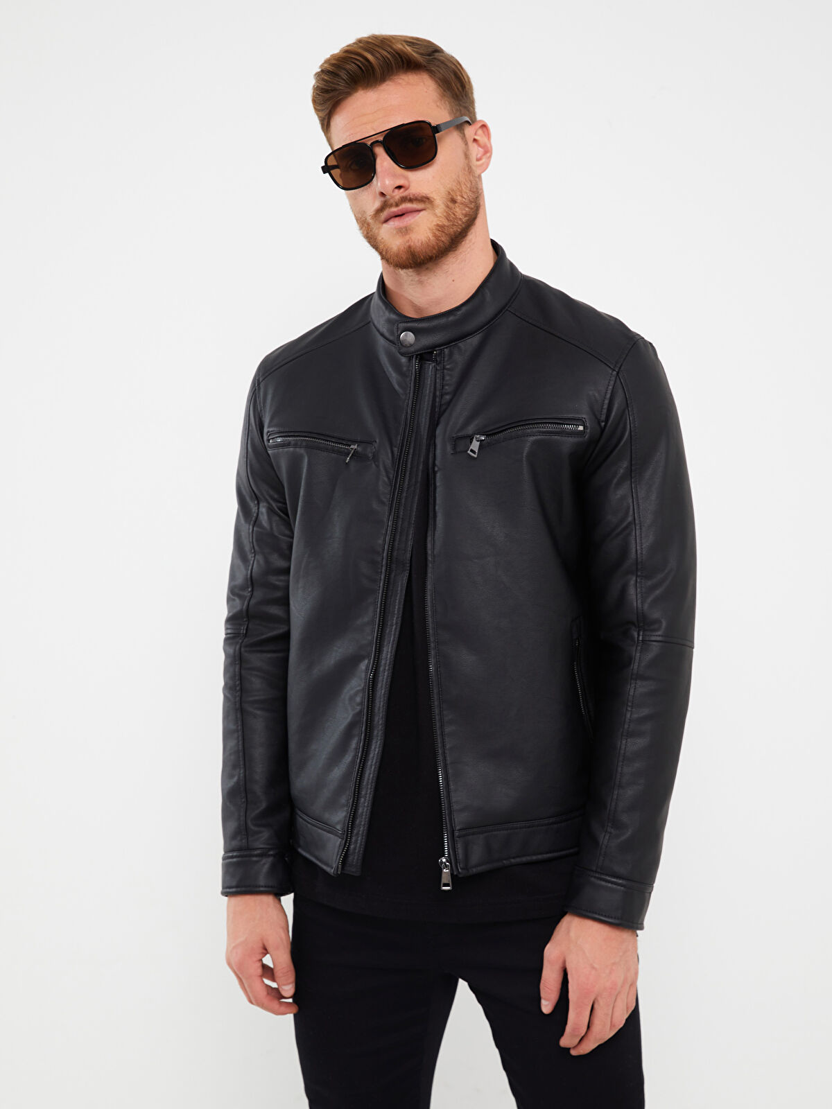 Slim Fit Biker Collar Men's Faux Leather Jacket -S41745Z8-CVL -  S41745Z8-CVL - LC Waikiki