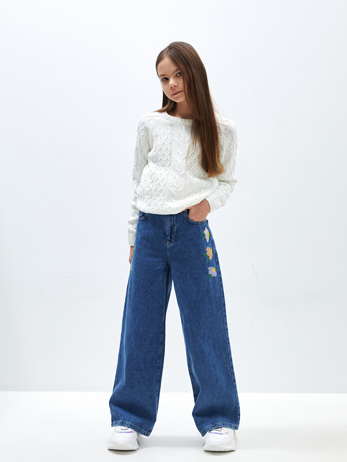 Wideleg Embroidered Girl's Jean Trousers -S41893Z4-SHK - S41893Z4 