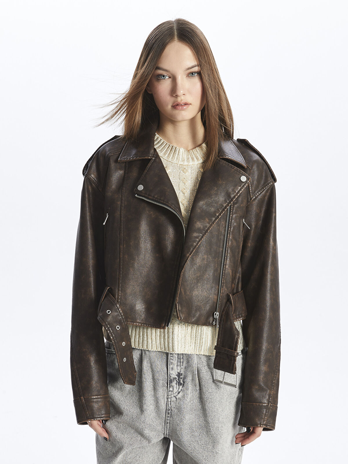 Biker Neck Women's Faux Leather Jacket -S44992Z8-YA1