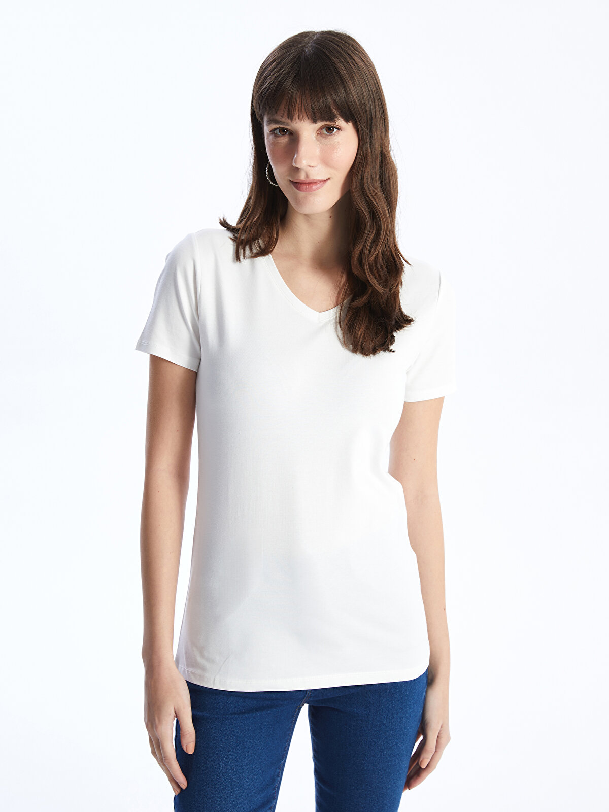 V Neck Straight Short Sleeve Women T-Shirt -S48208Z8-R9J 