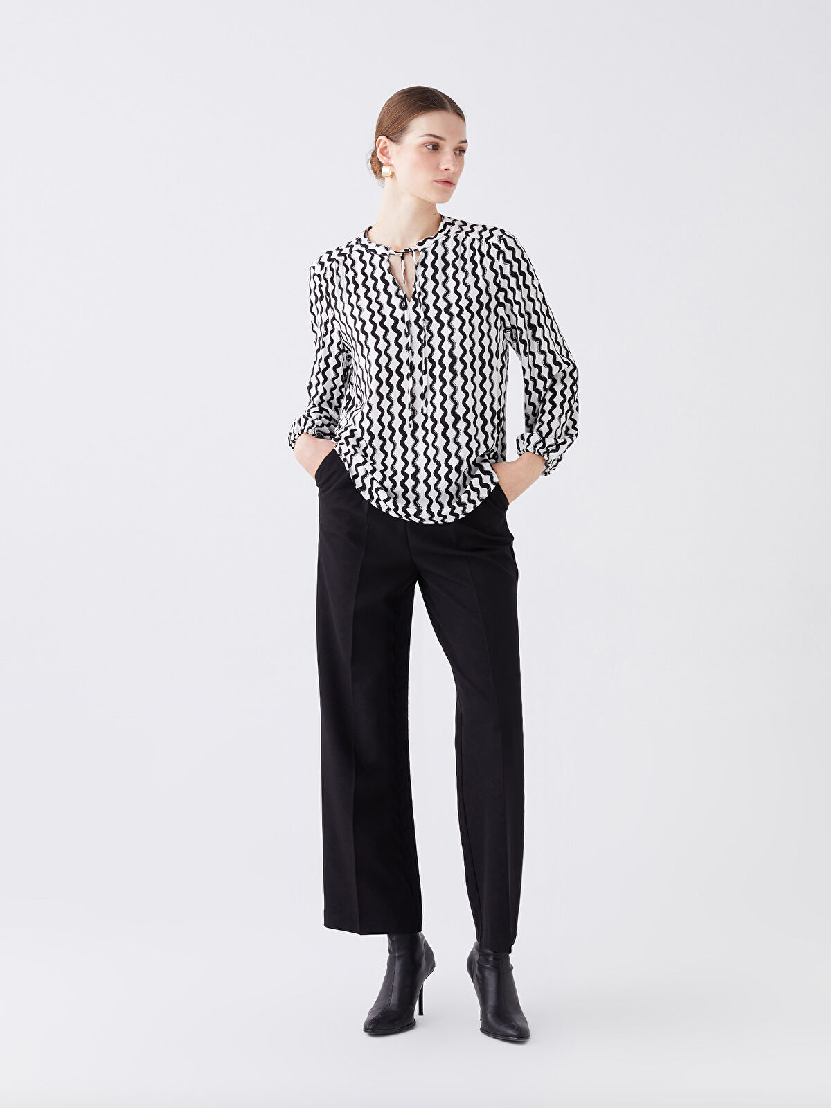 Tie Neck Patterned Long Sleeve Women's Blouse -S48402Z8-LRA