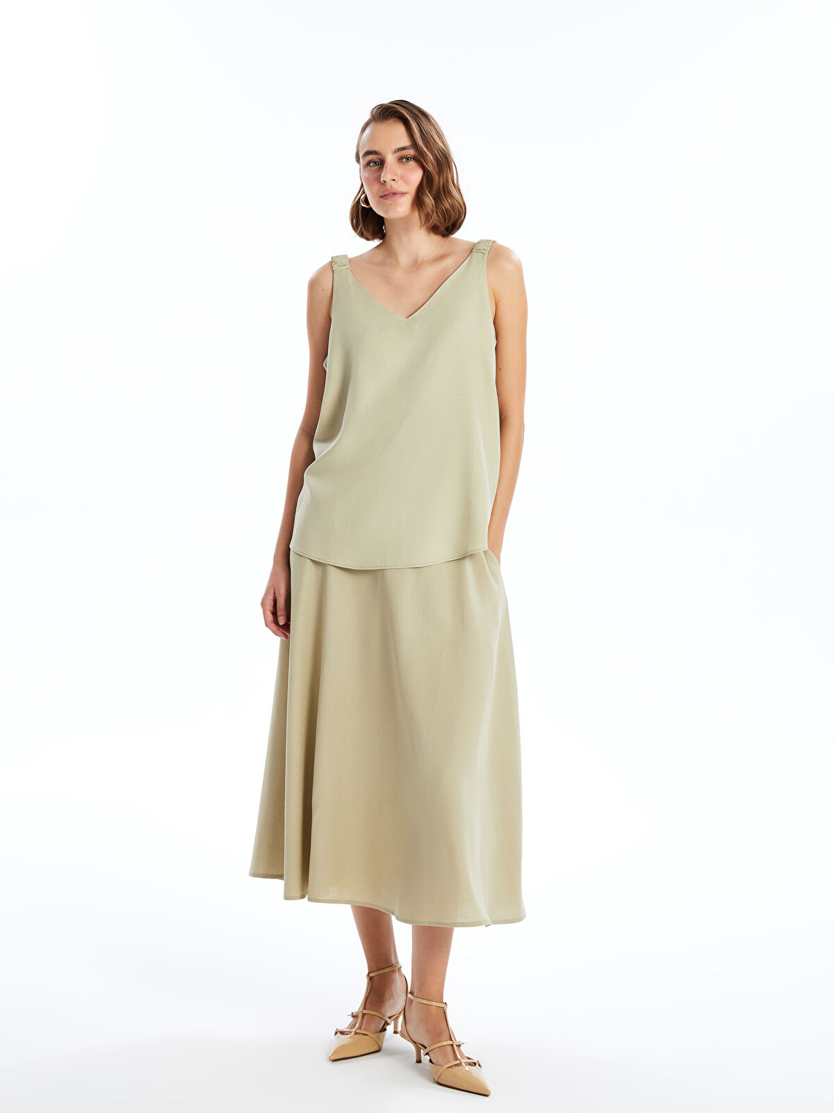 Plain Linen Blend Women's Skirt with Elastic Waist -S4JE34Z8 Plain Linen Blend Women's Skirt with Elastic Waist -S4JE34Z8