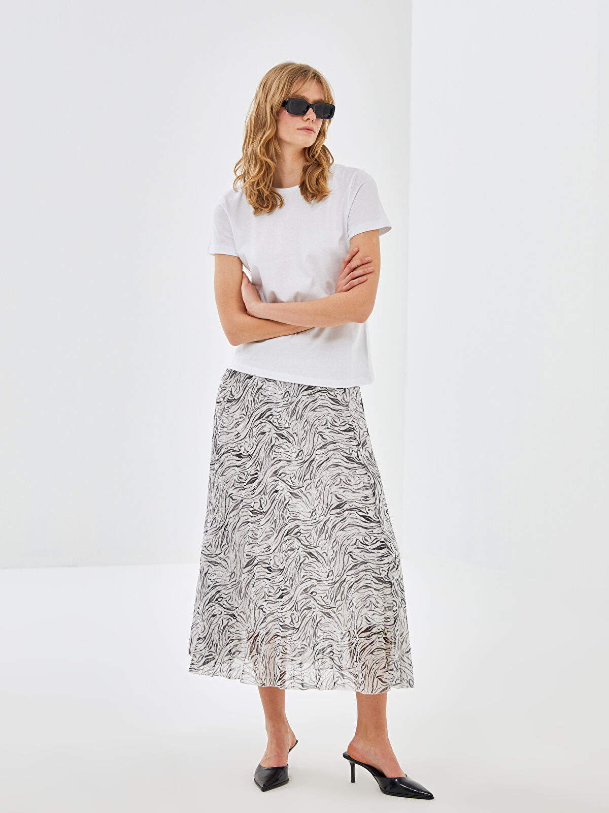 Women's Patterned Chiffon Skirt with Elastic Waist -S4MA95Z8