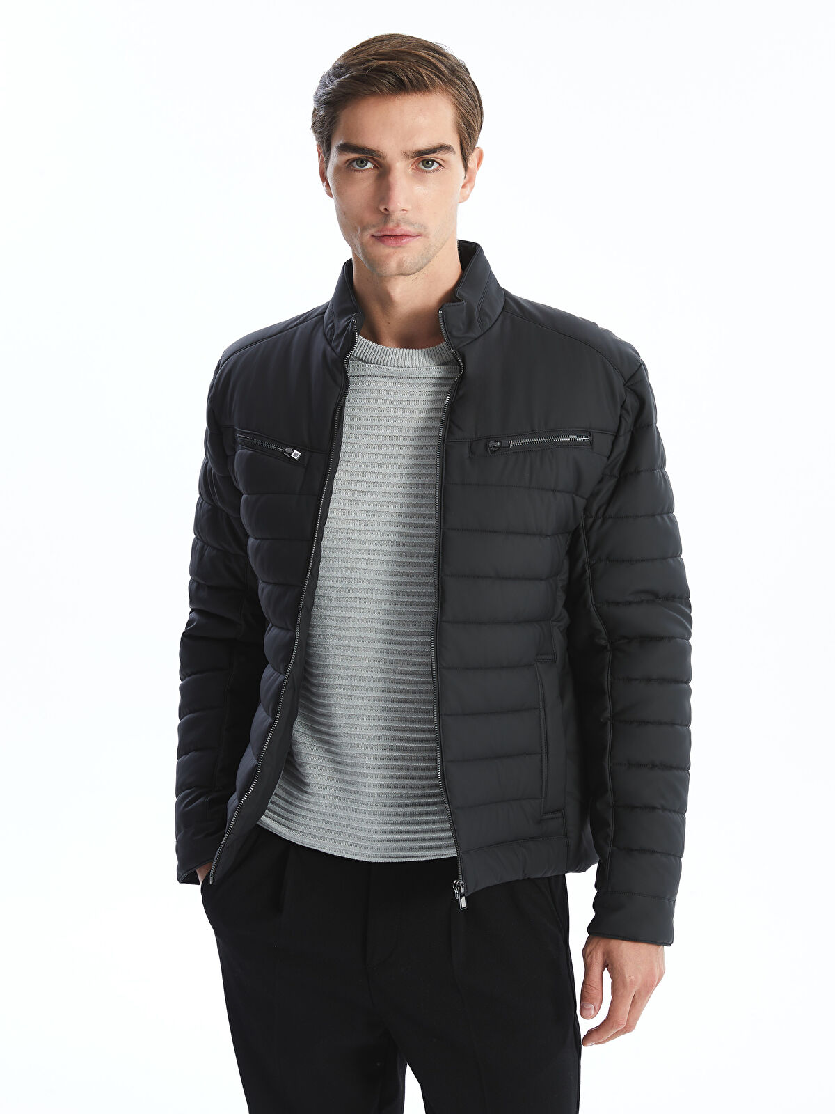 Slim Fit Turtle Neck Men's Faux Leather Jacket -W40231Z8-CVL