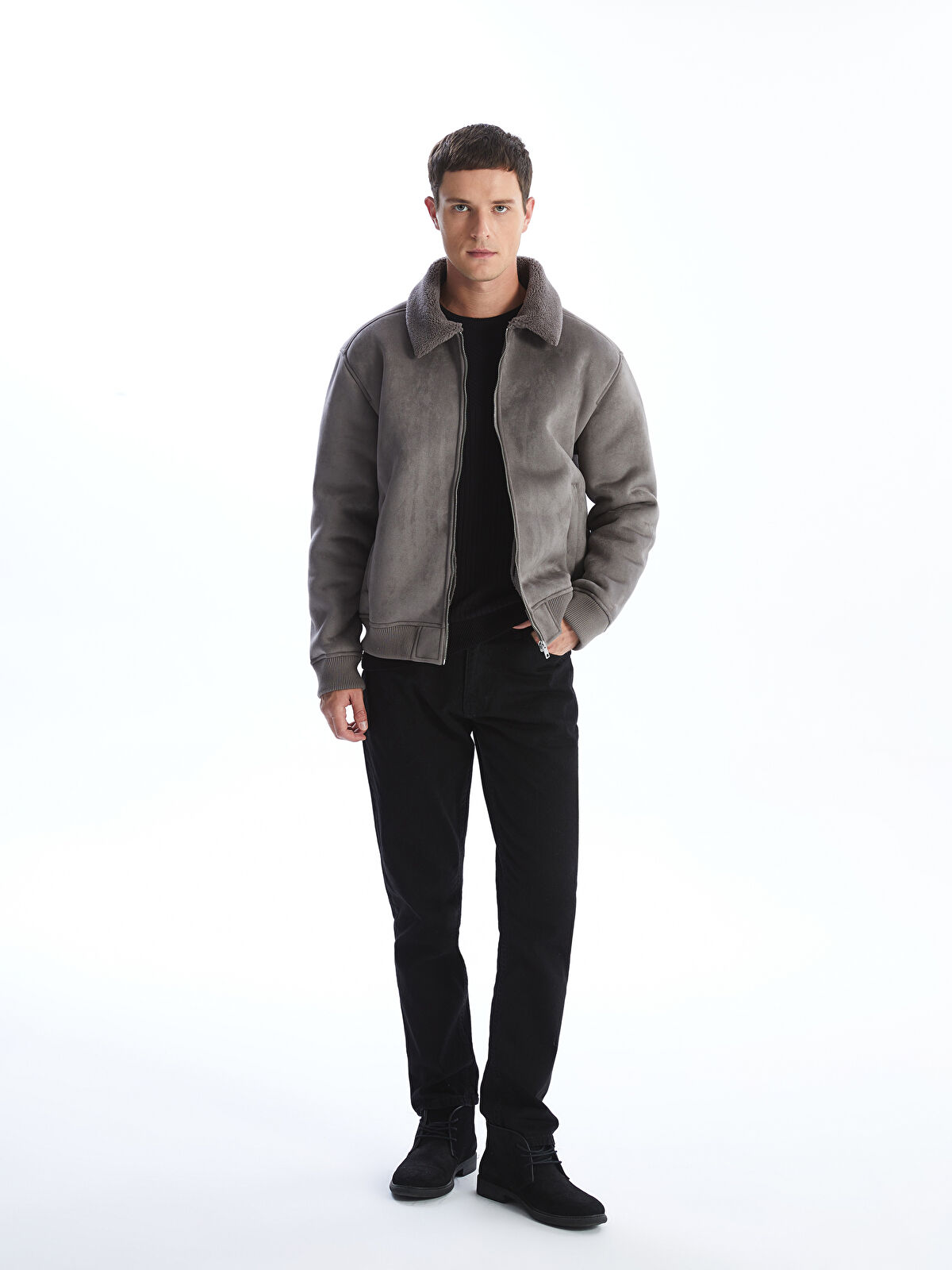Relaxed Fit Shirt Collar Suede Men's Coat -W41102Z8-CUZ