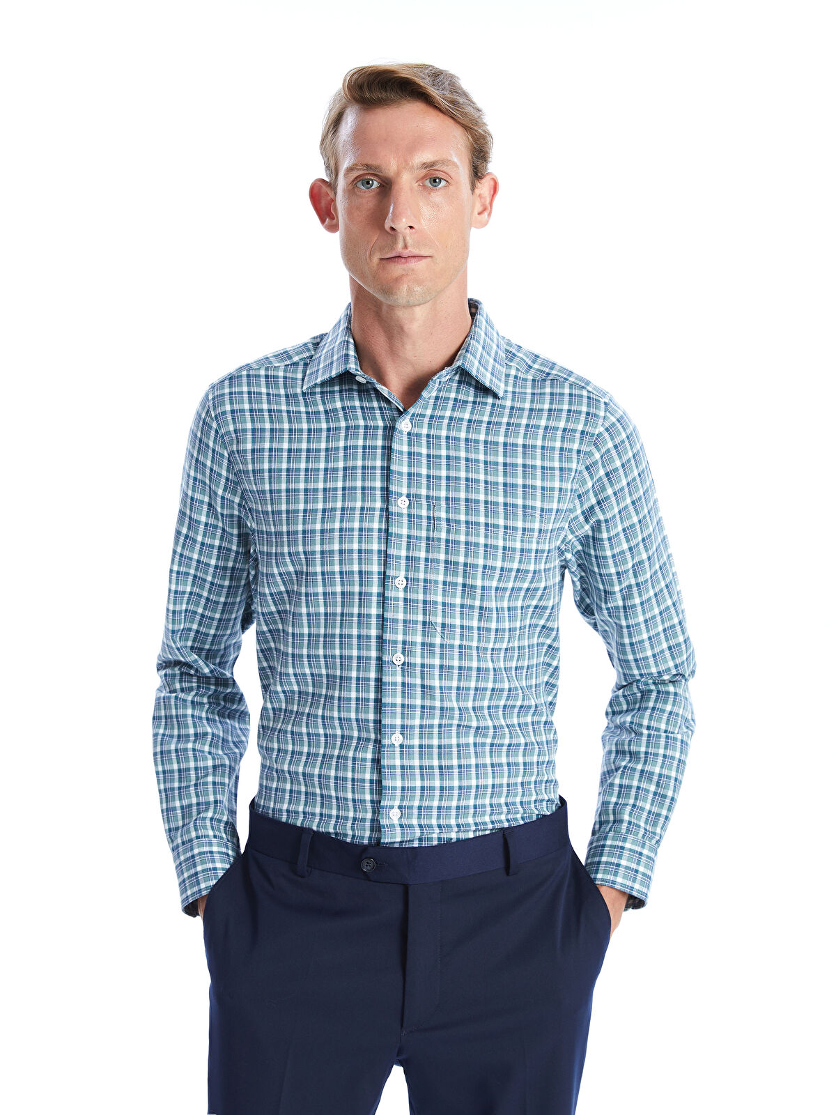 Regular Fit Long Sleeve Plaid Gabardine Men's Shirt -W41273Z8-LME -  W41273Z8-LME - LC Waikiki