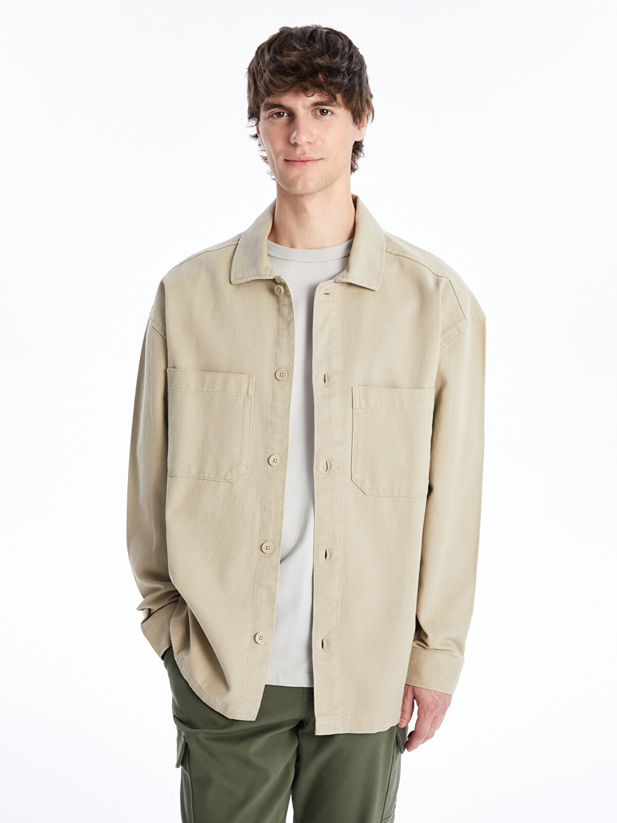 Relaxed Fit Long Sleeve Gabardine Men's Shirt Jacket -W42291Z8-SHF -  W42291Z8-SHF - LC Waikiki