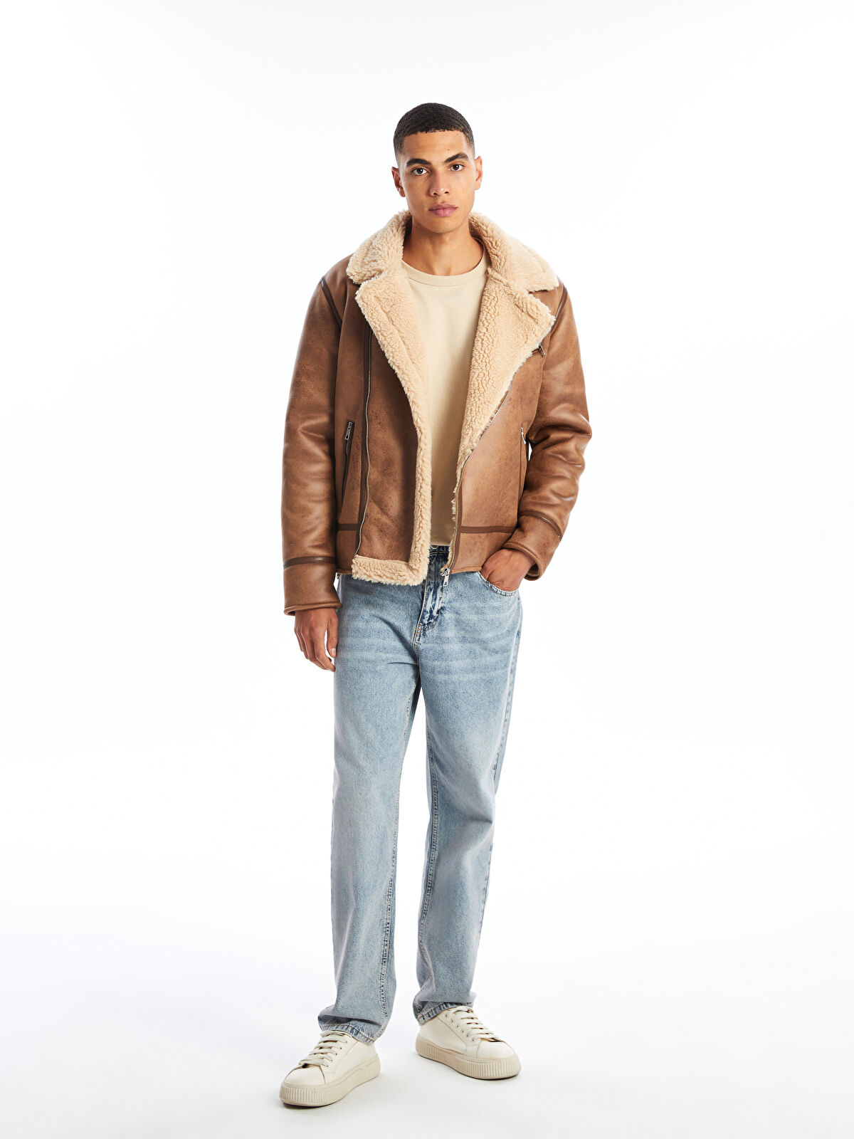 Standard Pattern Biker Collar Men's Leather Look Coat