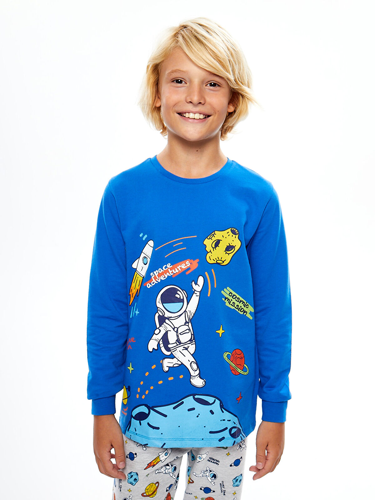Crew Neck Printed Long Sleeve Boy Pajama Set -W43645Z4-HGU