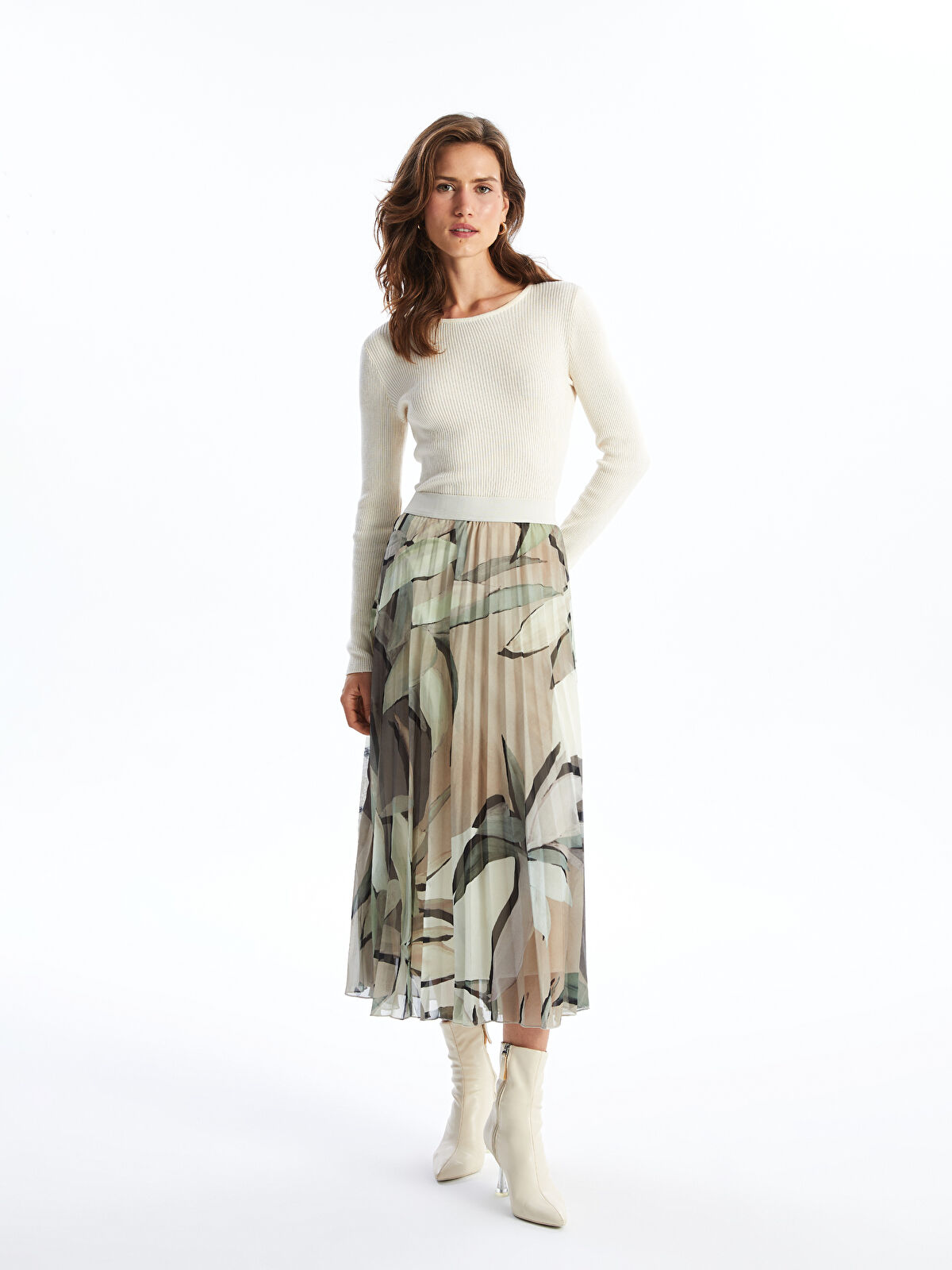 豪奢な Waist Elastic Patterned -W4BN94Z8-LRR Skirt Woman Pleated スカート