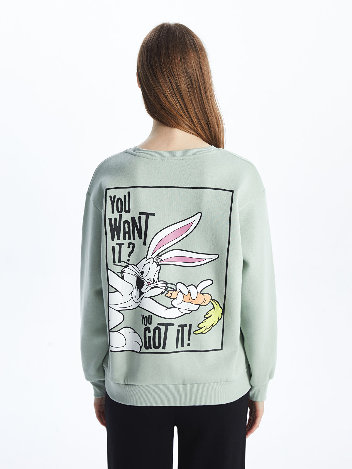 Crew Neck Bugs Bunny Printed Oversize Women's Thick Sweatshirt  -W4HC39Z8-YNK - W4HC39Z8-YNK - LC Waikiki