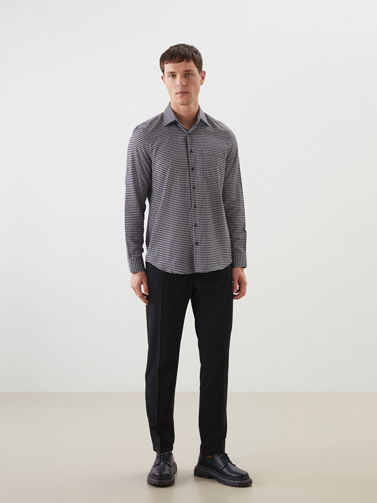 Regular Fit Long Sleeve Plaid Gabardine Men's Shirt