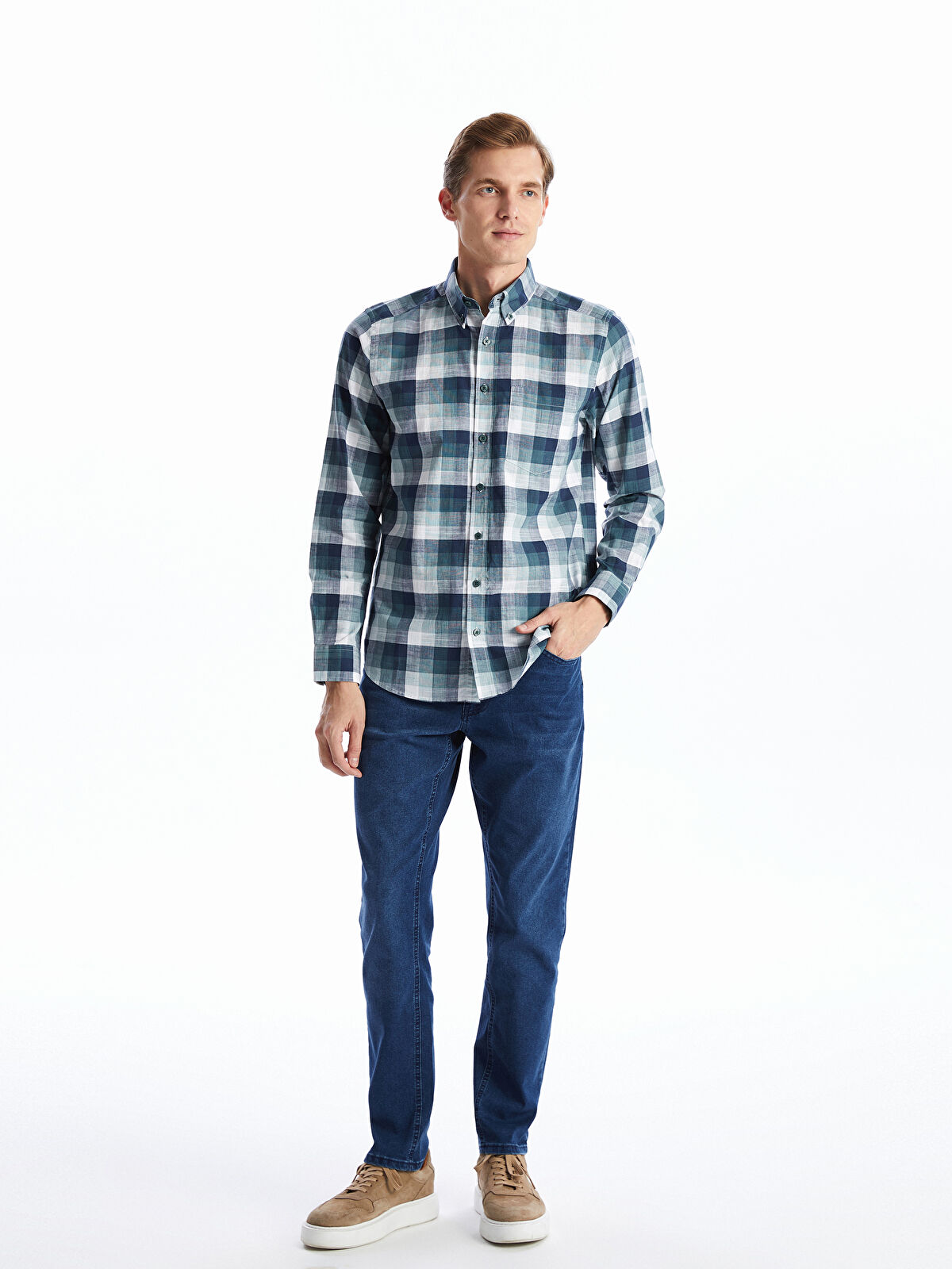 Regular Fit Long Sleeve Plaid Poplin Men's Shirt -S51054Z8