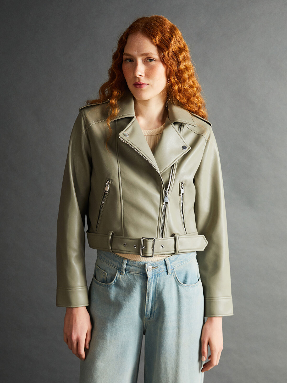 【超目玉】 Biker Neck -S57972Z8-K6G Jacket Leather Faux Women's Crop Clothing