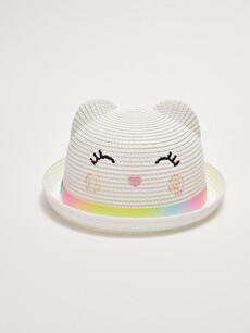 Embroidered Ribbed Straw Girl Fedora 