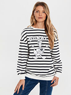 Lacivert Donald Duck Baskili Cizgili Sweatshirt Lc Waikiki