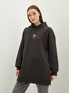Hooded Embroidered Long Sleeve Oversize Women's Sweatshirt Tunic