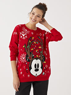 Crew Neck Mickey Mouse Printed Long Sleeve Women s Tricot Sweater