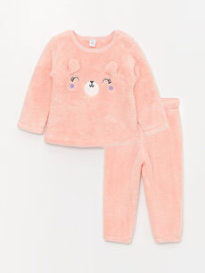 Crew Neck Long Sleeve Embroidered Plush Baby Girl Pajama Set