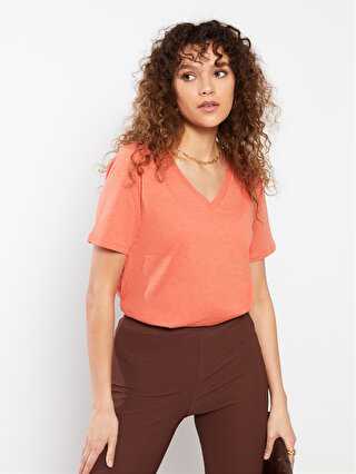LCW BASIC V-Neck Straight Short Sleeve Women's Cotton T-Shirt 