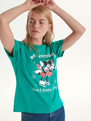Yesil Mickey Minnie Mouse Baskili Pamuklu Tisort Lc Waikiki