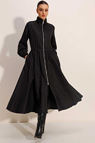 Z Giyim Kadın Siyah Beli Lastikli Fermuarlı Uzun Trençkot