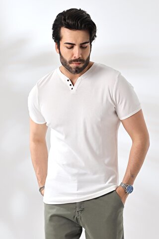 Z Giyim Erkek Beyaz V Yaka Düğme Detaylı Pamuklu Tişört