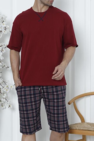 Tom John Erkek Şortlu Bermuda Pijama Takımı Kısa Kollu Cepli Pamuk Ekose