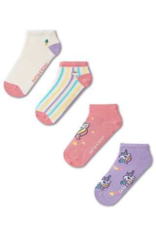 Katia And Bony Kız Çocuk Unicorn ve Dondurma Desneli 4'Lü Paket Patik Çorap